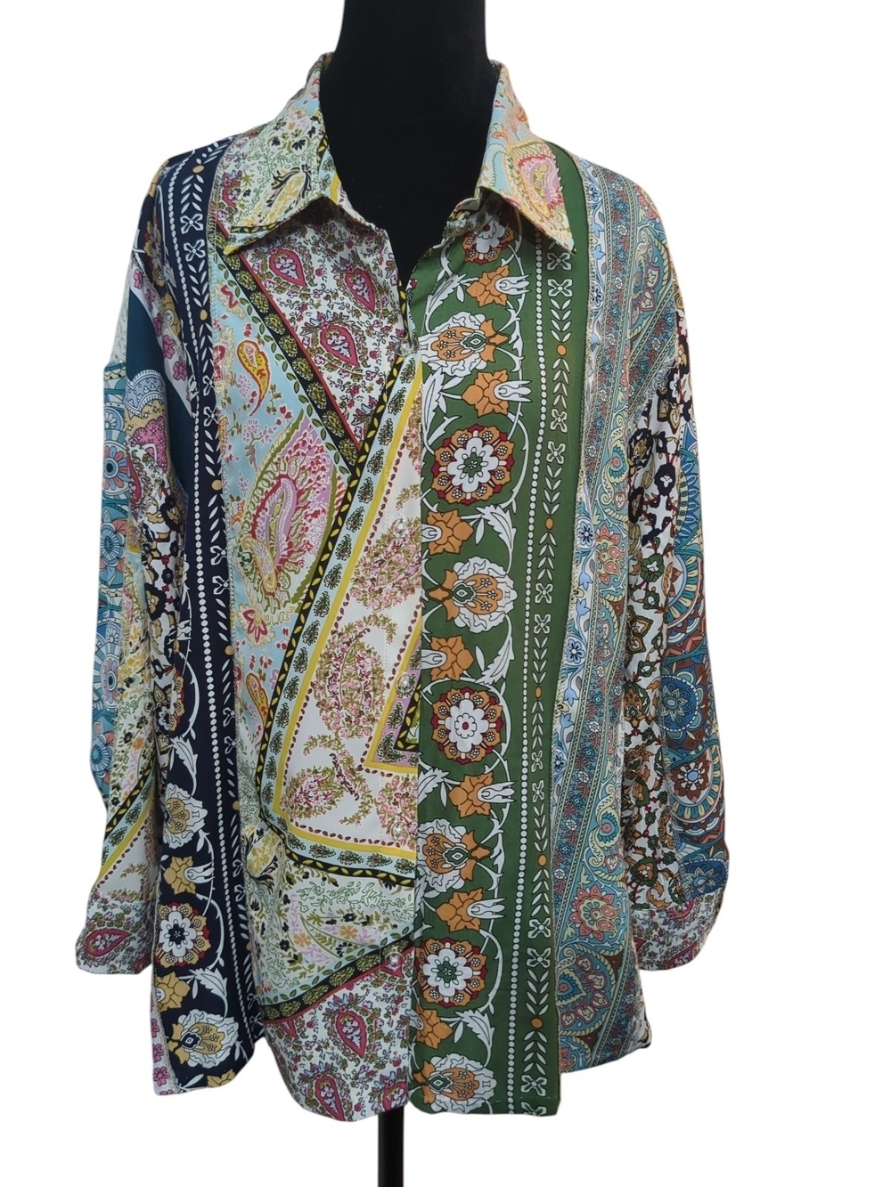 Yak & Yeti Boho Patchwork Button Up Blouse Crochet Lace Shirt S/M Mixed Media